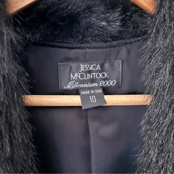 Jessica McClintock Vintage Black Satin Faux Fur Blazer Jacket Zip Up Size S / M - Picture 6 of 11
